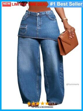 Womens Baggy Cargo Jeans Wide Leg High Rise Pockets Skirt Overlay Pants